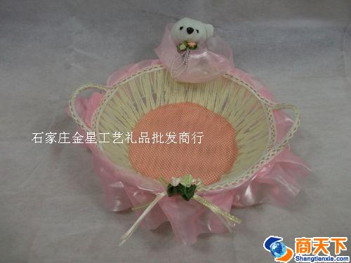 粉色圆形带小熊编织筐 收纳筐