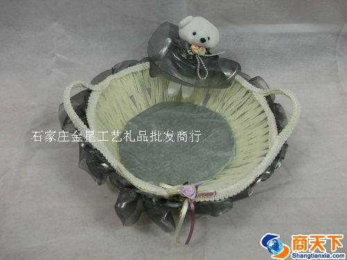 灰色圆形带小熊编织筐 收纳筐