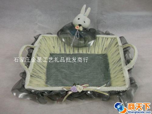 灰色带小兔长方形编织筐 收纳筐