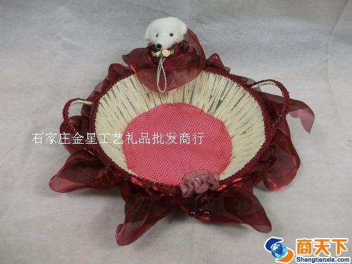 红色圆形带小熊编织筐 收纳筐