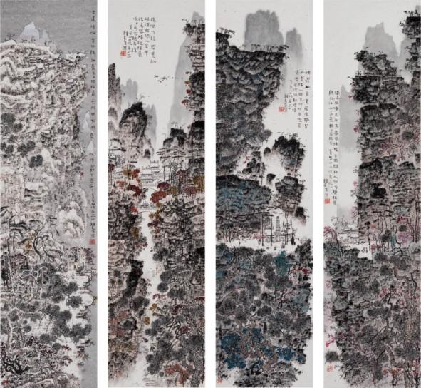 国画作品 四条屏